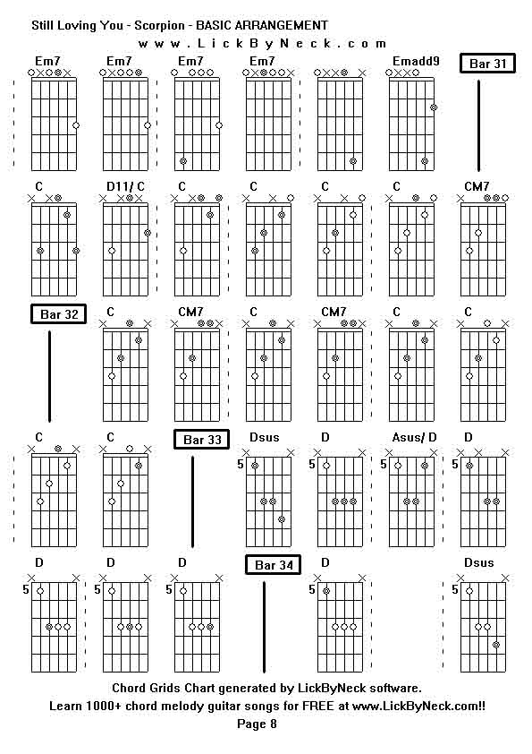 Chord Grids Chart of chord melody fingerstyle guitar song-Still Loving You - Scorpion - BASIC ARRANGEMENT,generated by LickByNeck software.